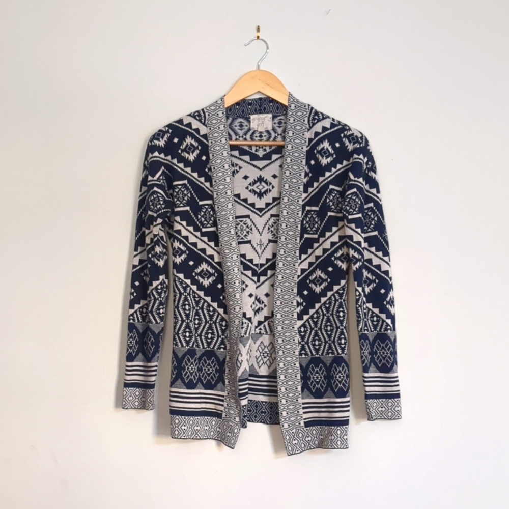 Hippie Rose XS Blue and White Aztec Print Boho Open Front Cardigan